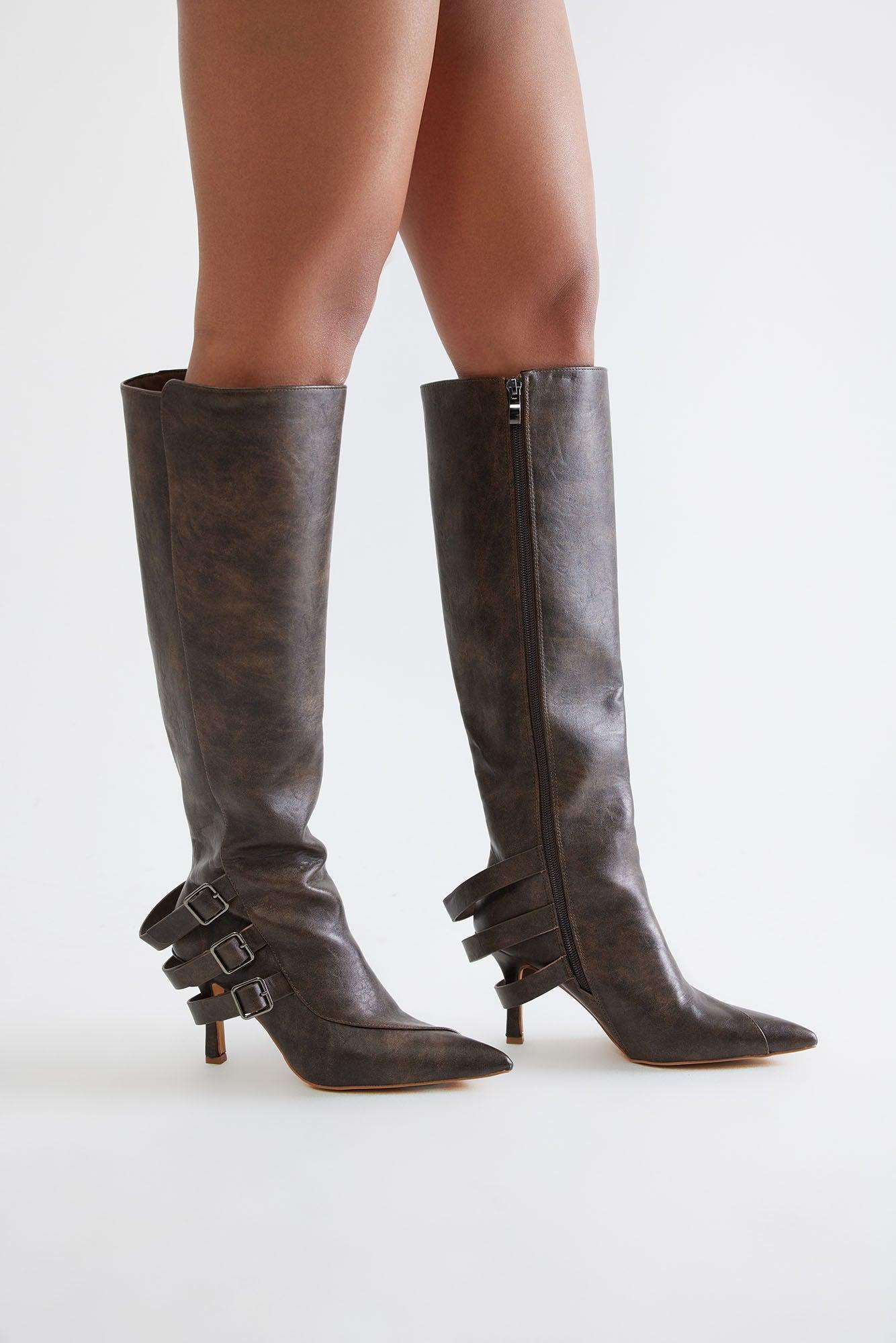 Croix Buckle Knee High Boots - Brown Product Image