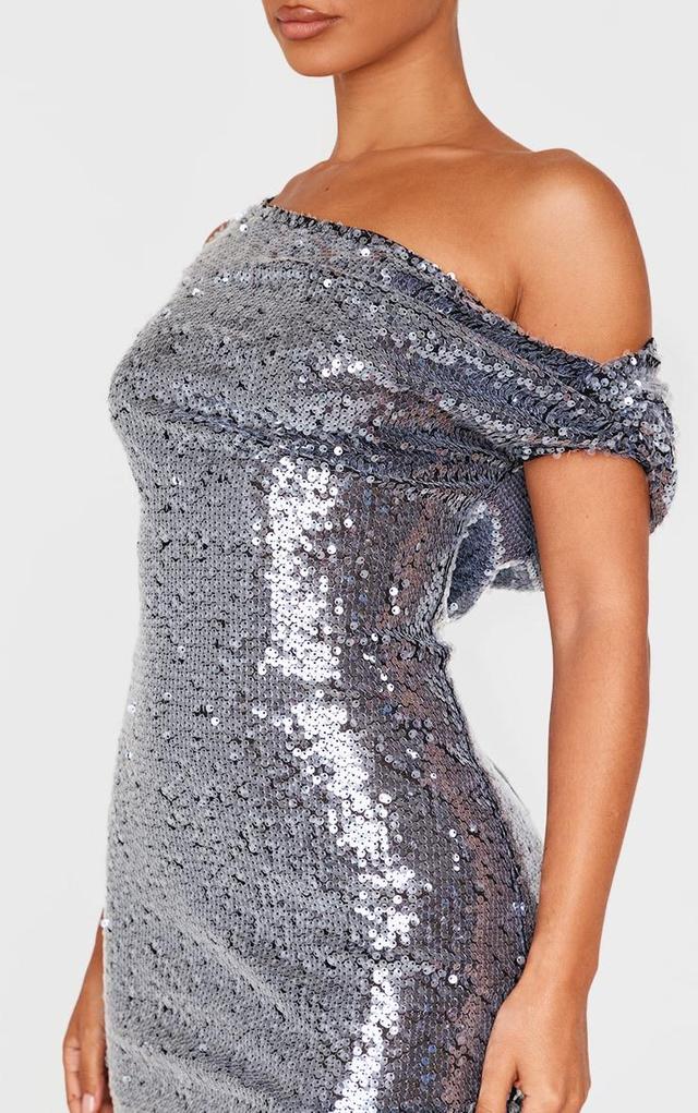 Petite Silver Sheer Sequin Twist Detail Side Split Maxi Dress Product Image