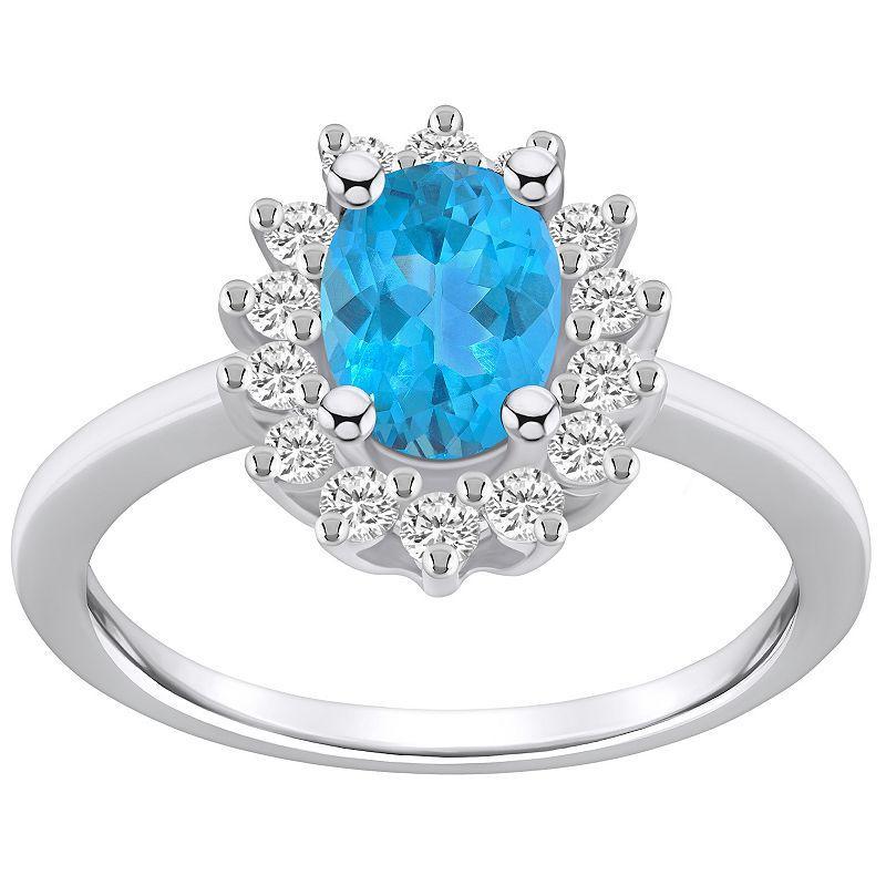 Alyson Layne 14k White Gold Oval Cut Blue Topaz & 1/3 Carat T.W. Diamond Halo Ring, Womens Product Image