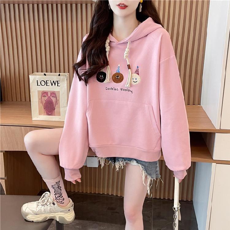 Cartoon Embroidered Drawstring Hoodie Product Image