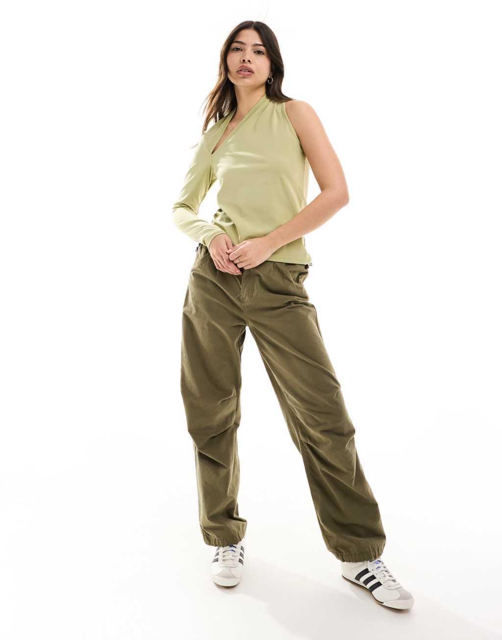 JDY one sleeve asymmetric top in sage green Product Image