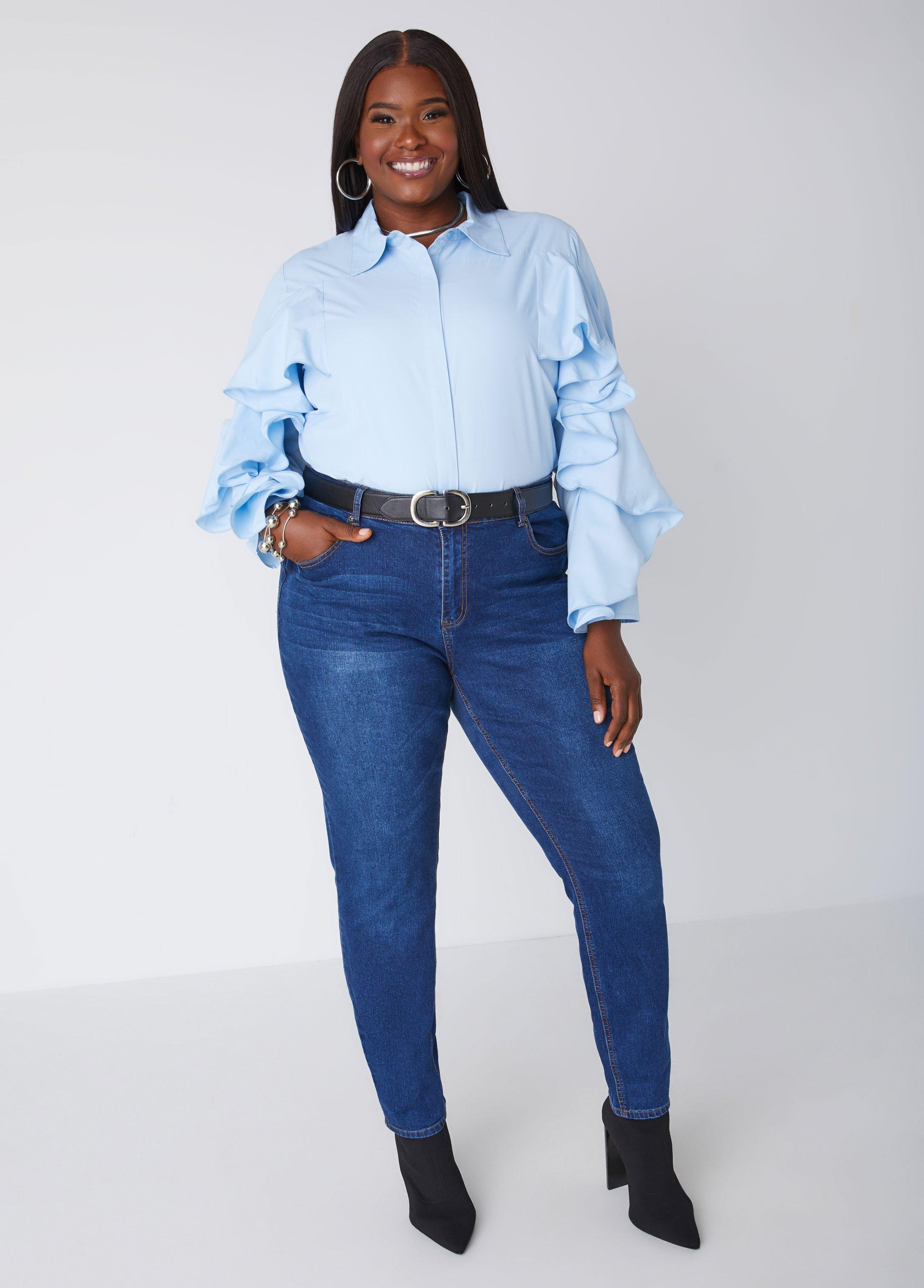 Plus Size Ruffle Trimmed Collared Shirt Ashley Stewart Product Image