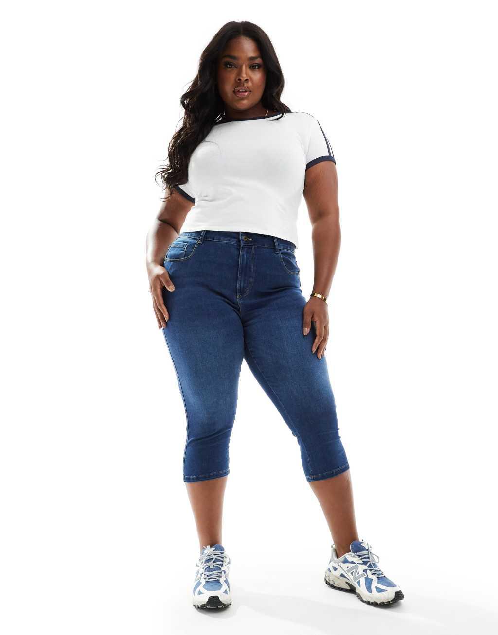 ONLY Curve Augusta high waist skinny pedal pusher jeans in mid blue wash  Product Image