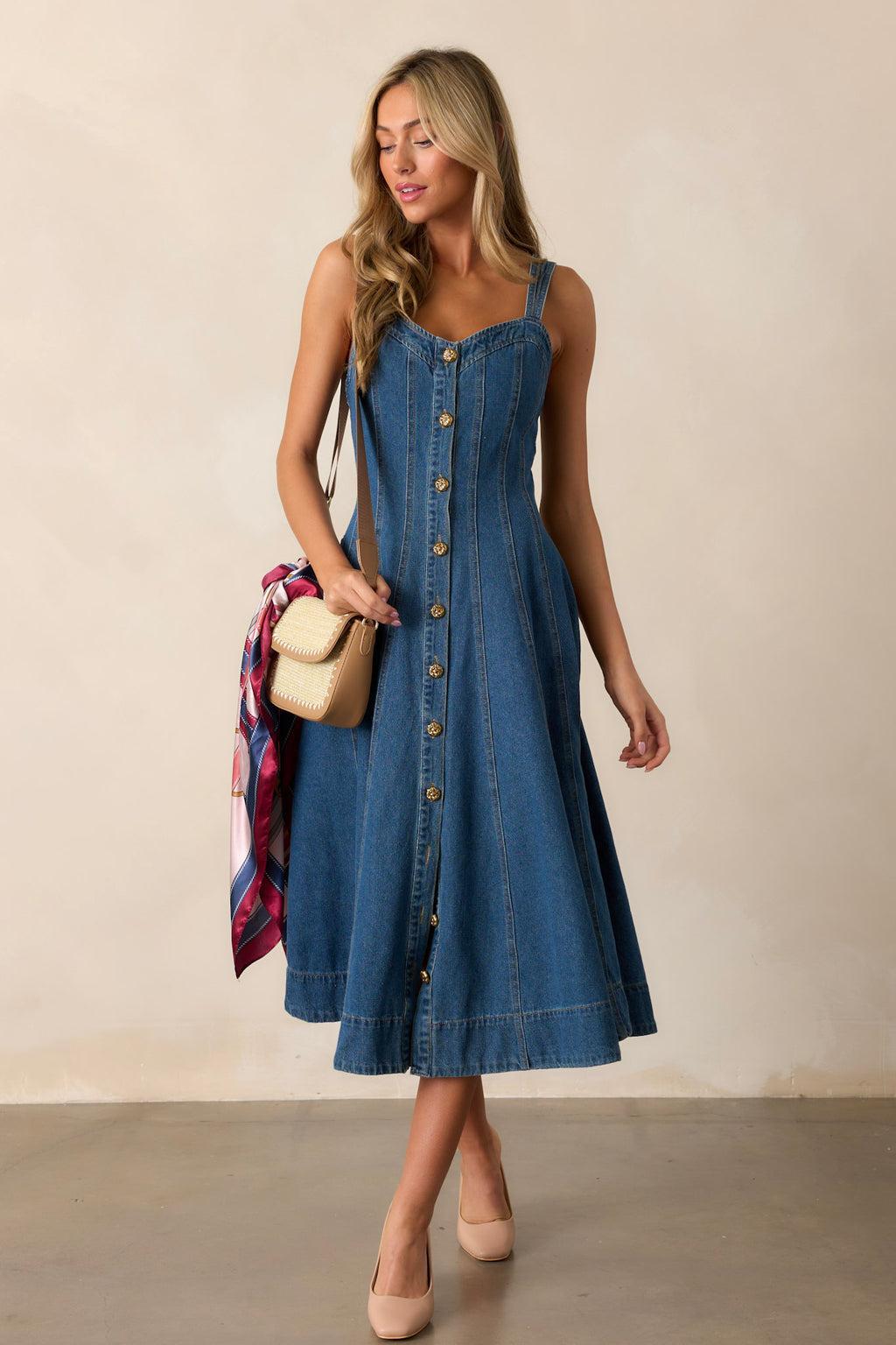 Quiet Moments Dark Wash Denim Midi Dress Product Image