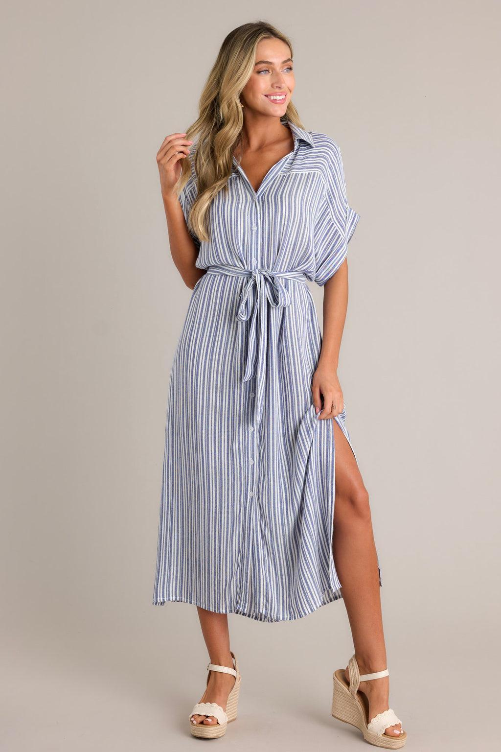 Embrace The Day Blue Stripe Midi Shirt Dress Product Image