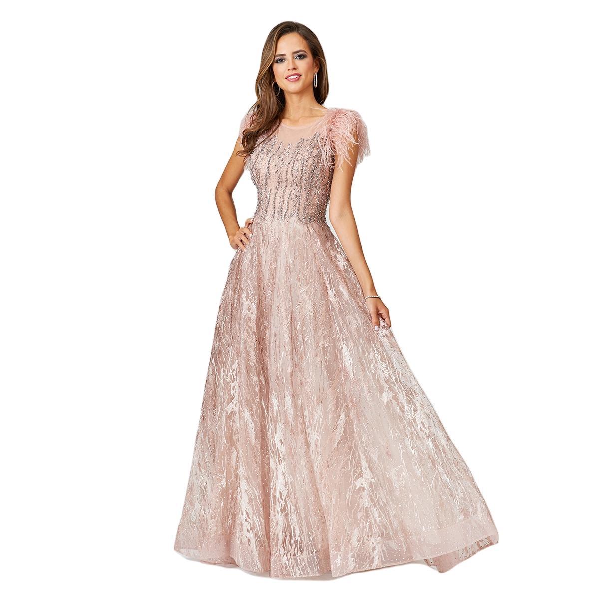 Lara Womens Lace ballgown with Feather Cap Sleeves Product Image