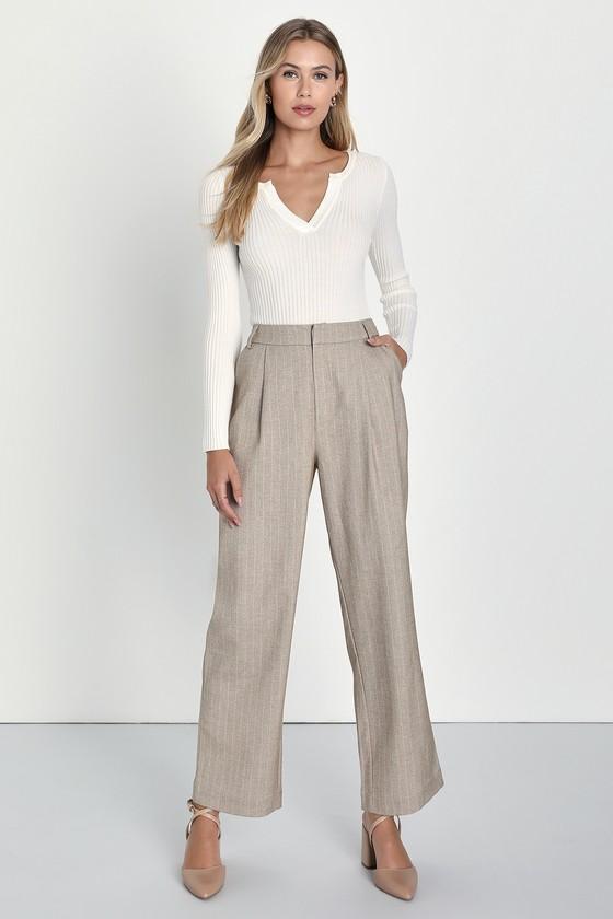 Professionally Posh Beige and White Pinstriped Wide Leg Pants Product Image