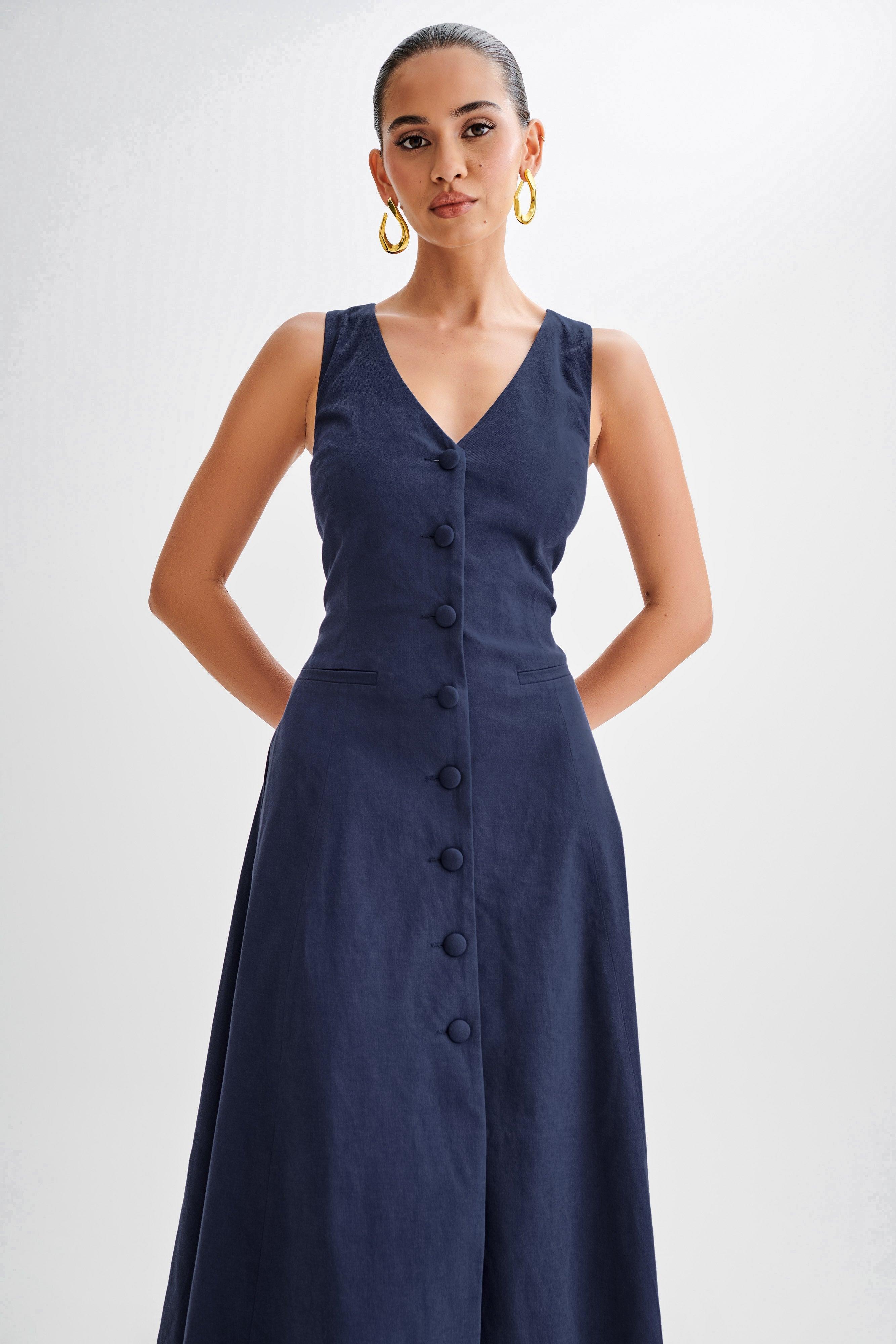 Theodora Cotton Buttoned Midi Dress - Navy Product Image