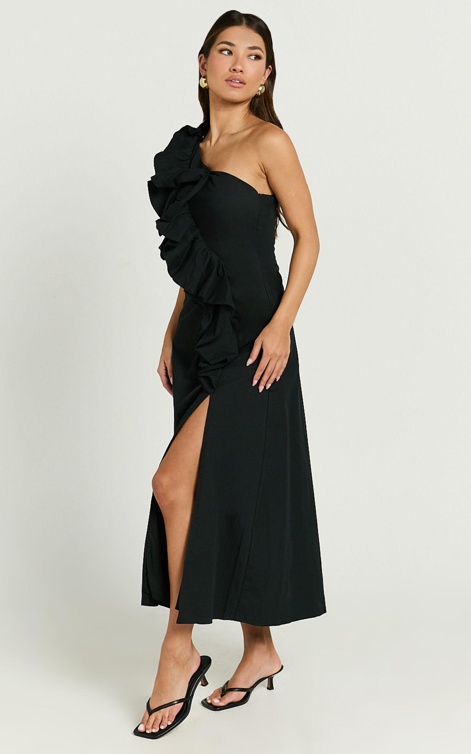 Rita Midi Dress - One Shoulder Ruffle Detail Dress in Black Product Image