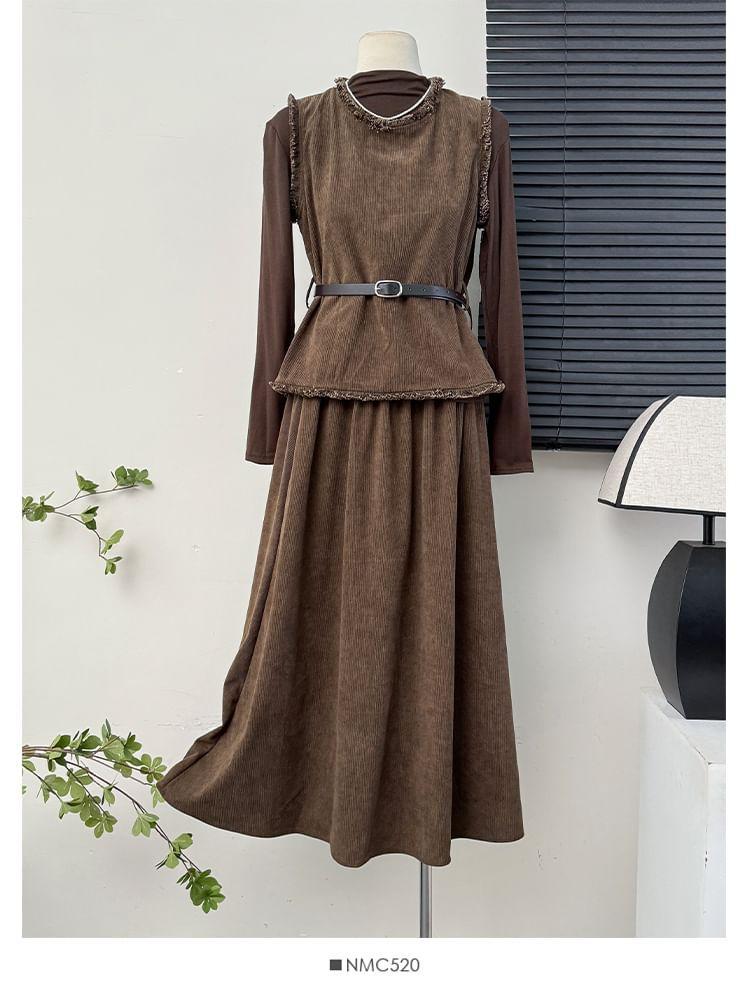 Set: Mock-Neck Tee + Frayed Vest + A-Line Skirt + Belt Product Image