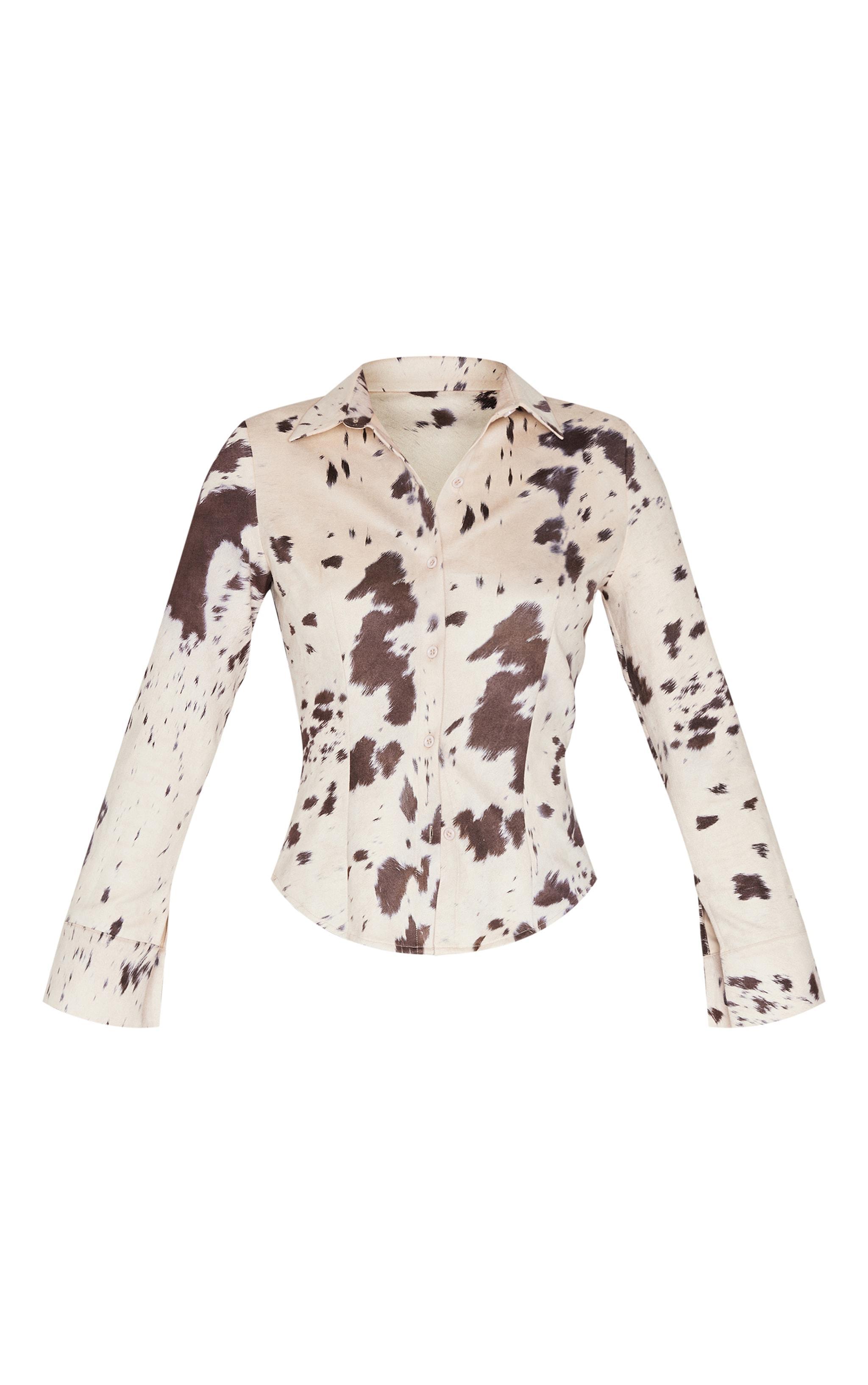 Beige Faux Suede Cow Print Fitted Shirt Product Image