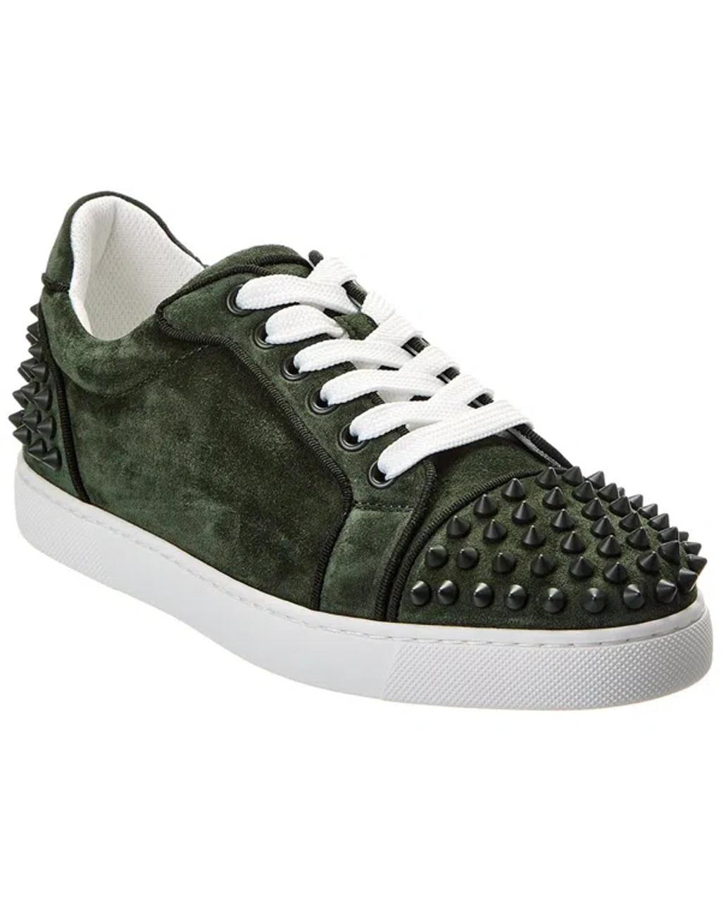 CHRISTIAN LOUBOUTIN Vieira Suede Spike Red Sole Sneakers In Green Product Image