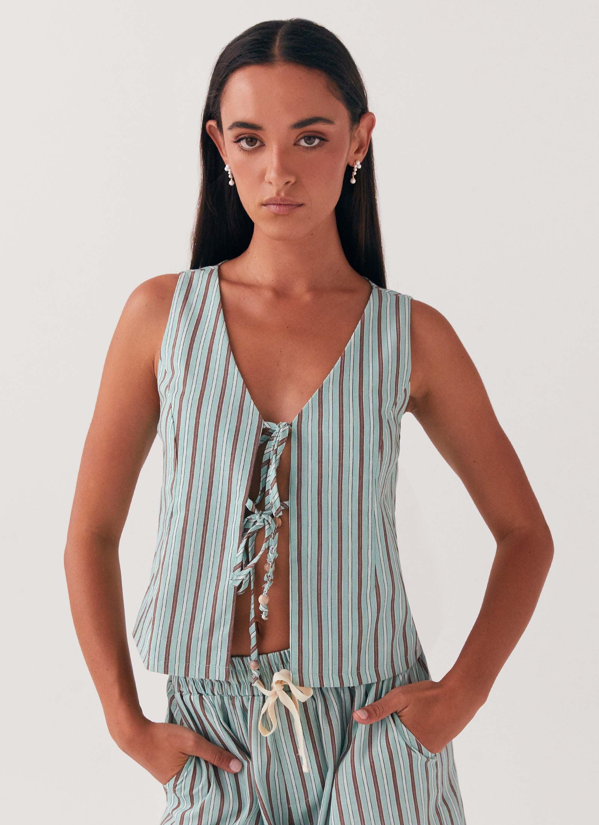 Tina Linen Vest Top - Coastal Stripe Product Image