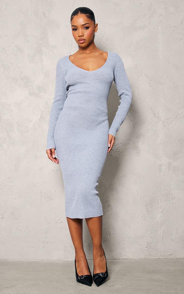 Grey V Neck Knit Midi Dress Product Image