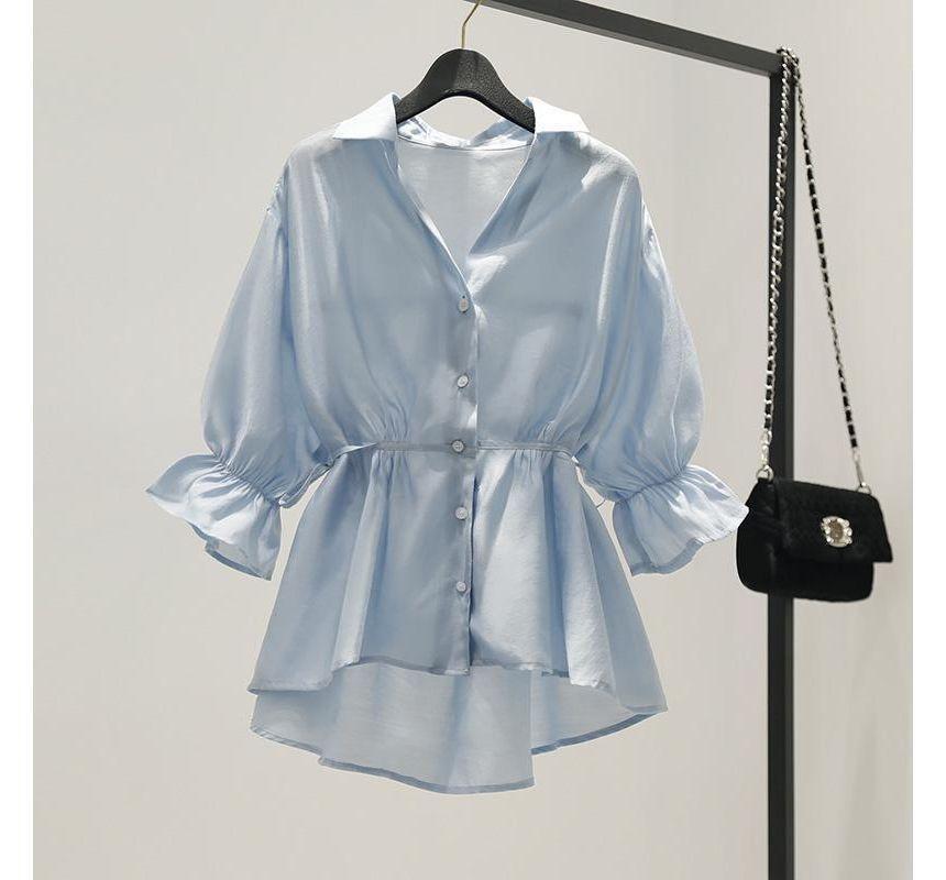 Puff-Sleeve Plain Peplum Shirt Product Image