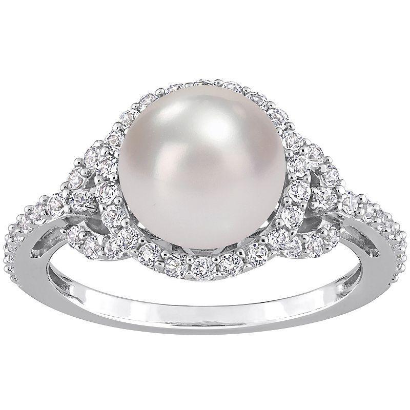 Stella Grace Sterling Silver Freshwater Cultured Pearl & White Topaz Halo Ring, Womens Product Image