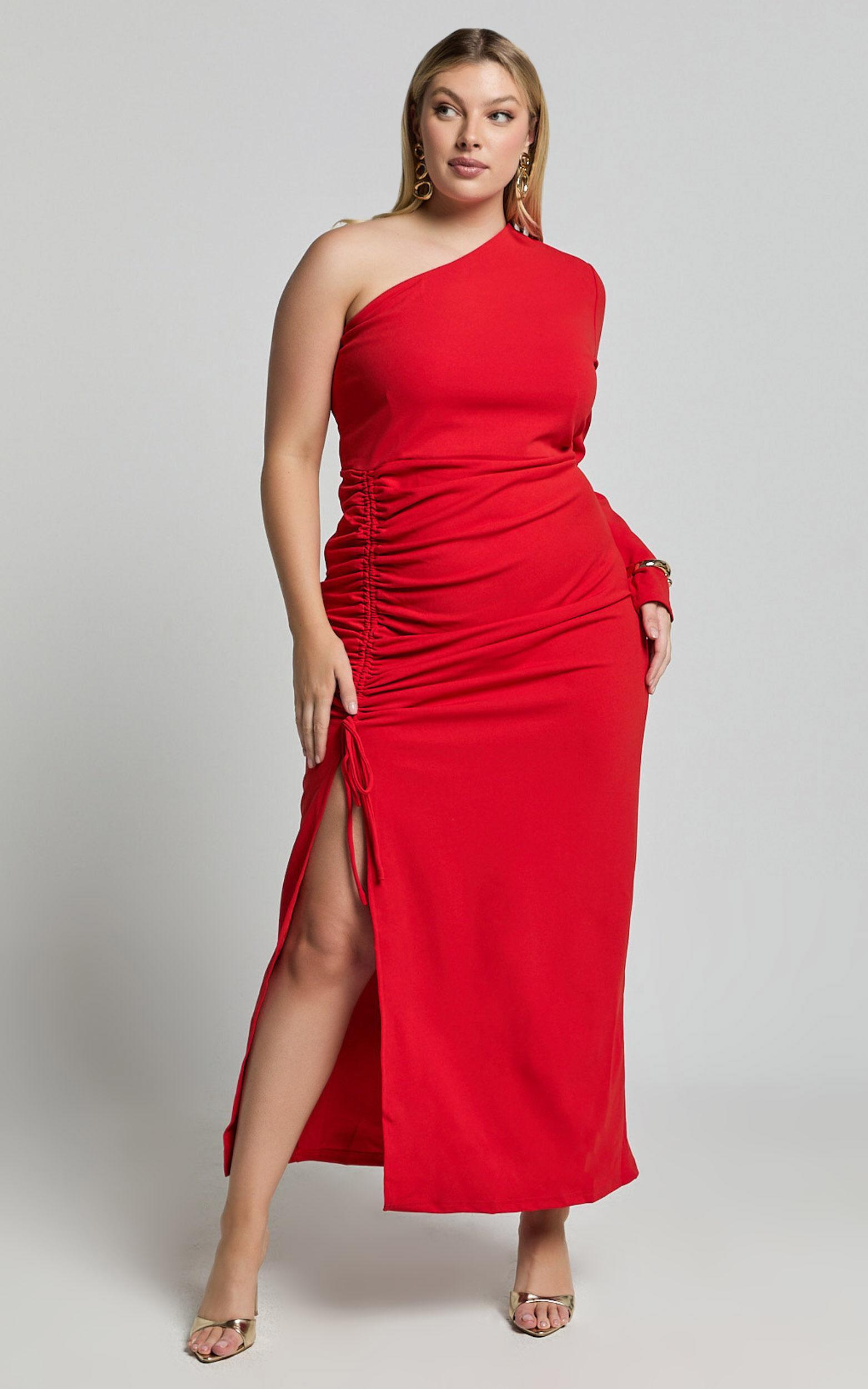 Daria Midi Dress - One Shoulder Long Sleeve Side Split Dress in Red Product Image