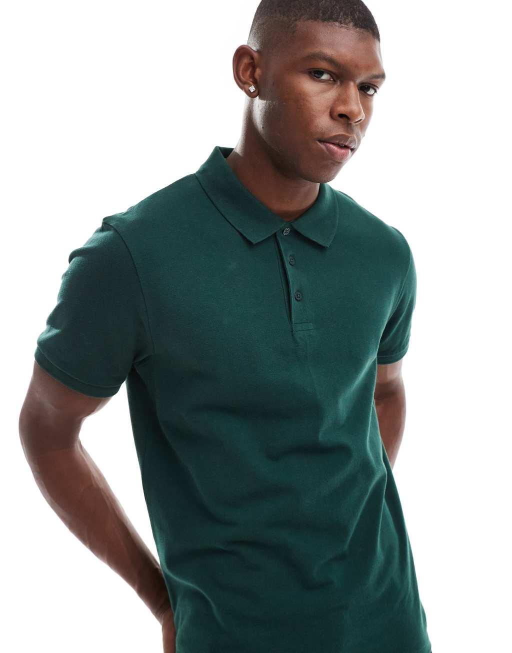 ASOS DESIGN pique polo in dark green Product Image