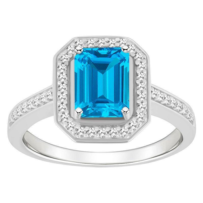 Celebration Gems Sterling Silver 8 mm x 6 mm Emerald Cut Gemstone & 1/5 Carat T.W. Diamond Halo Ring, Womens Blue Topaz Product Image