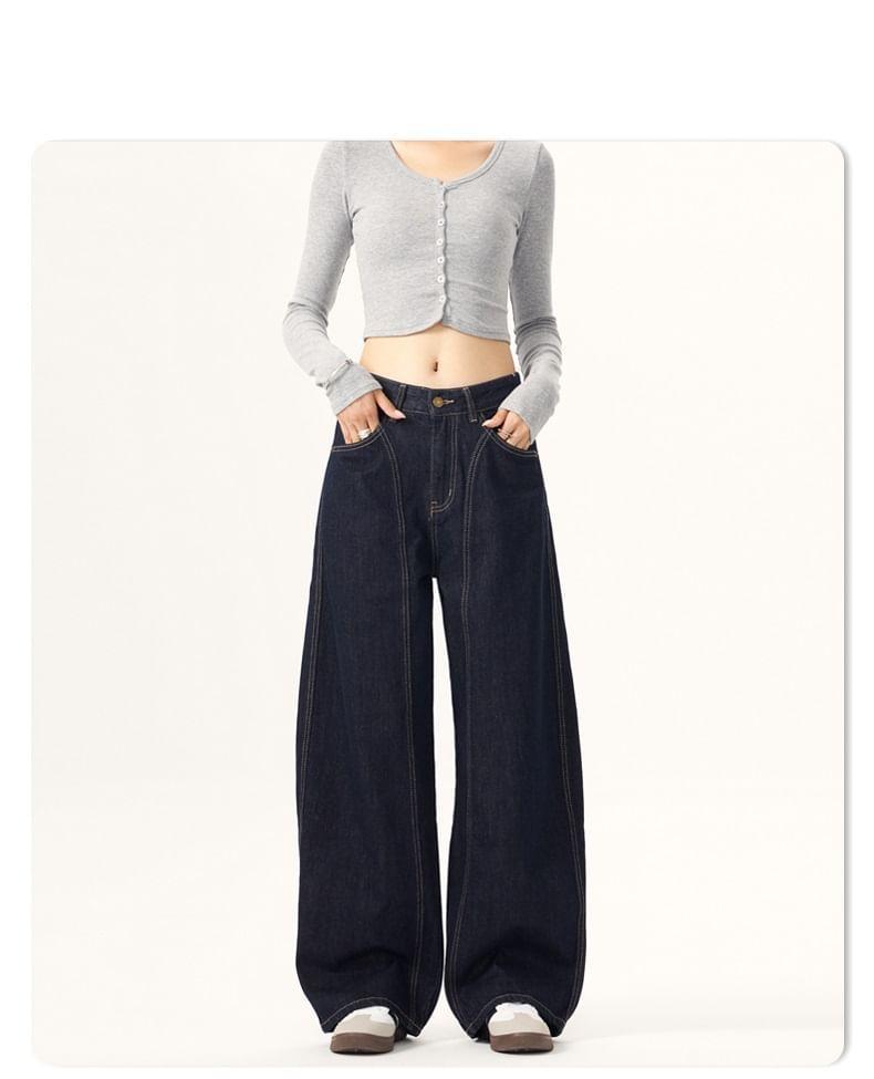 Low Waist Contrast Stitched Washed Wide Leg Jeans Product Image