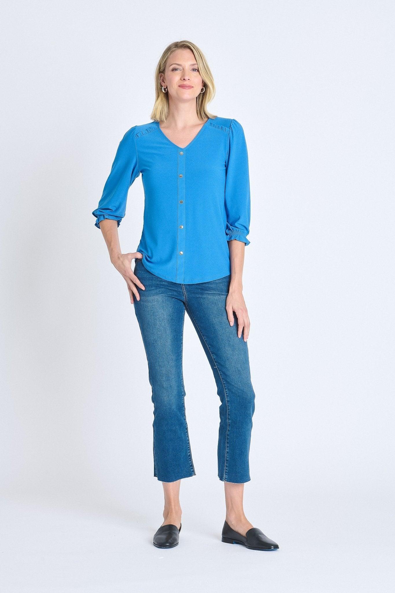 Ruffle 3/4 Sleeve Button Top, Star Sapphire Product Image