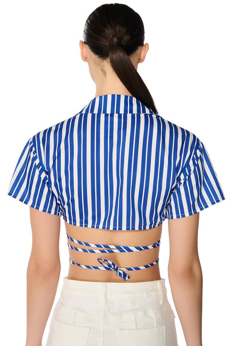 LENI STRIPED EMBELLISHED TIE FRONT BLOUSE Product Image