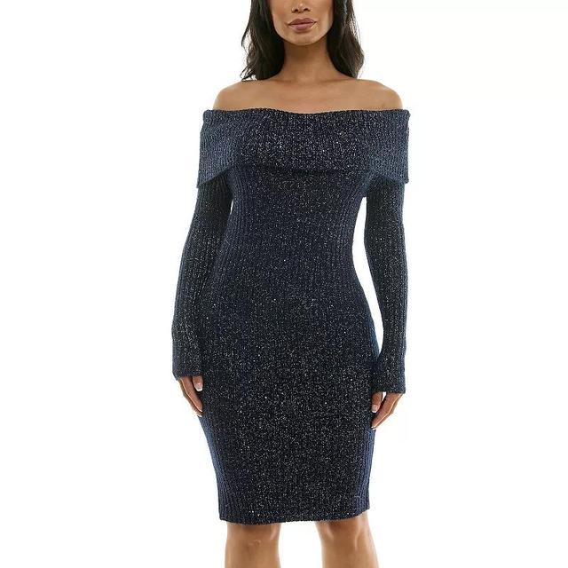 Womens Nina Leonard Fold-Over Lurex Sweater Dress Blue Product Image