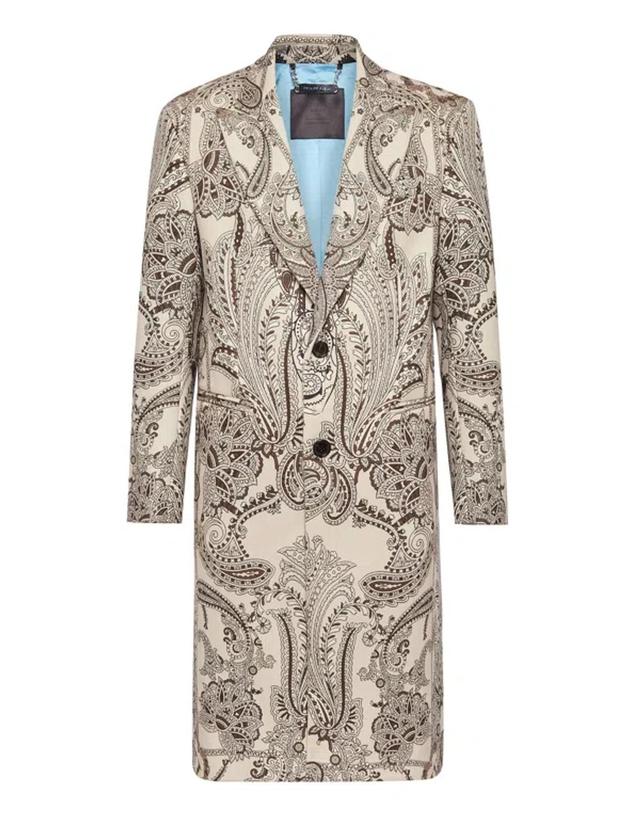 Wool Long Coat Paisley Foulard In Beige Product Image