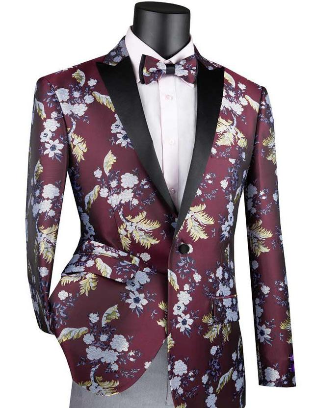 (3XL) Burgundy Slim Fit Blazer Floral Print 1 Button With Peak Lapel Product Image