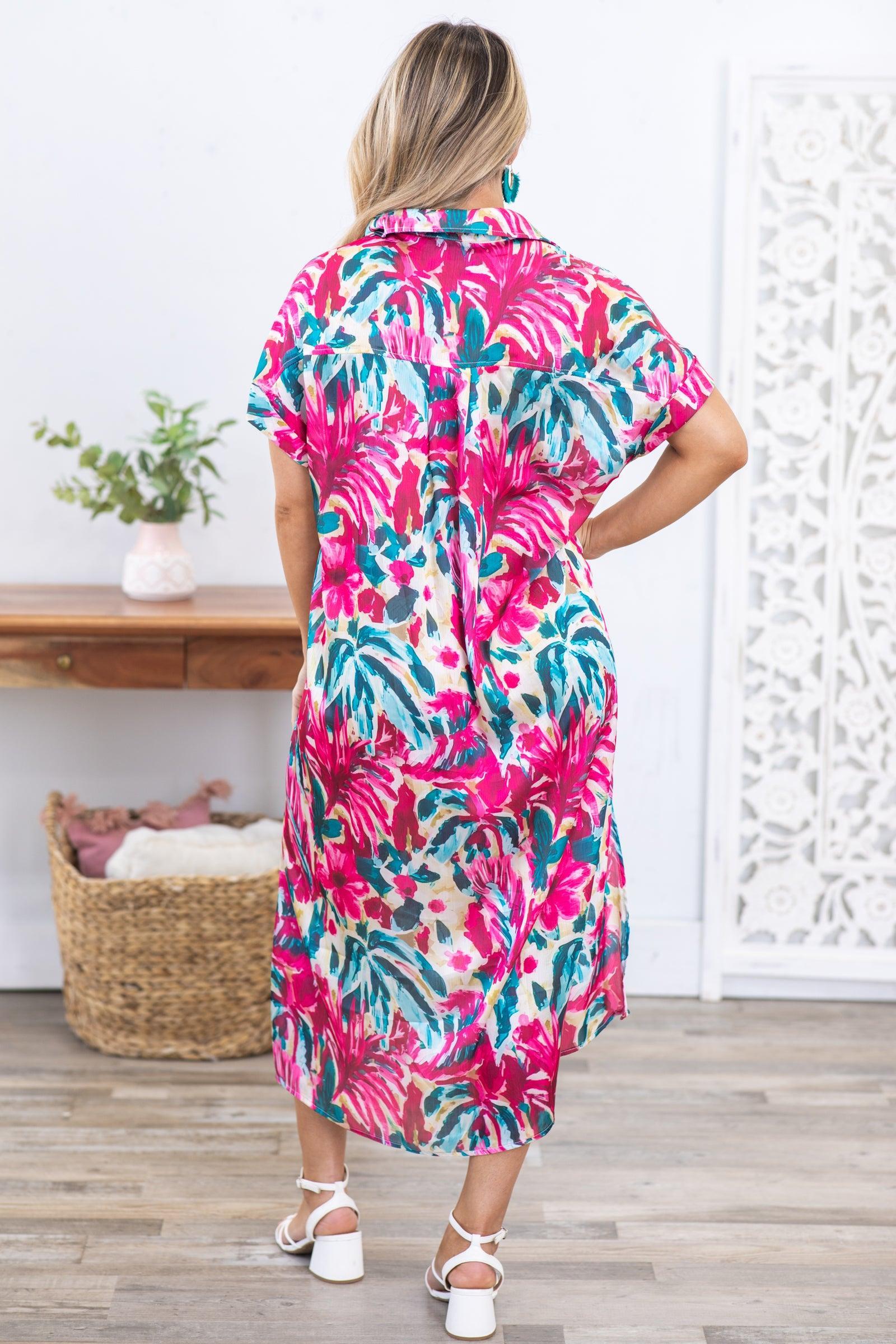 Fuchsia Tropical Print Button Down Shirt Dress Product Image