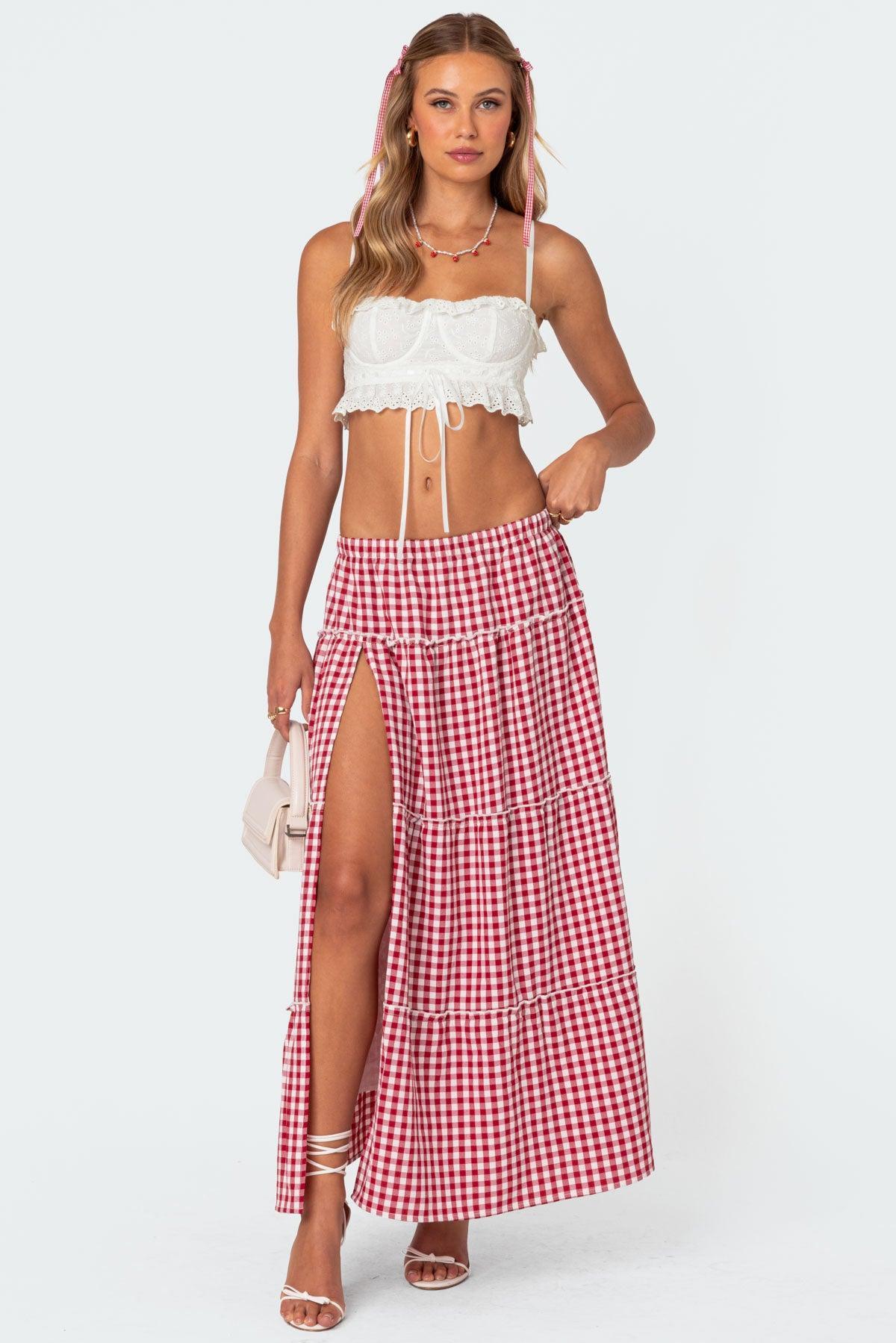 Gingham Side Slit Tiered Maxi Skirt Product Image