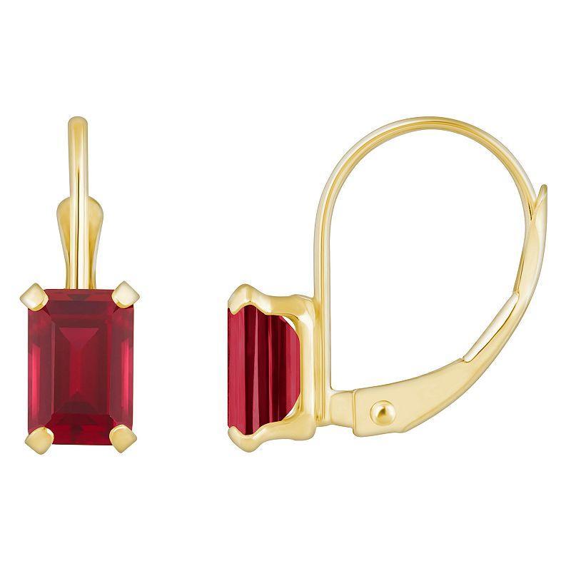 Celebration Gems 10k Gold Emerald Cut Lab-Created Ruby Leverback Earrings, Womens, Red Product Image