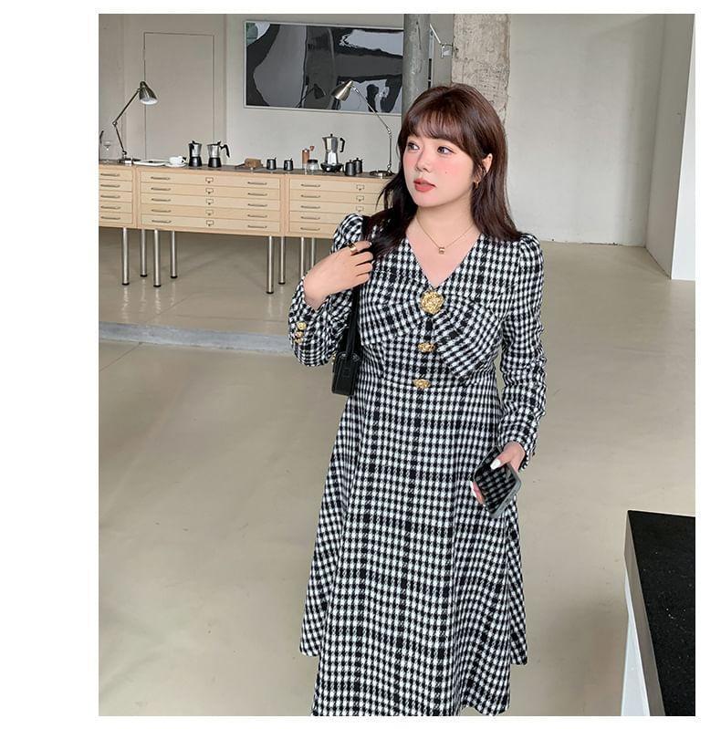 Plus Size Long-Sleeve V-Neck Plaid Bow Midi A-Line Dress Product Image