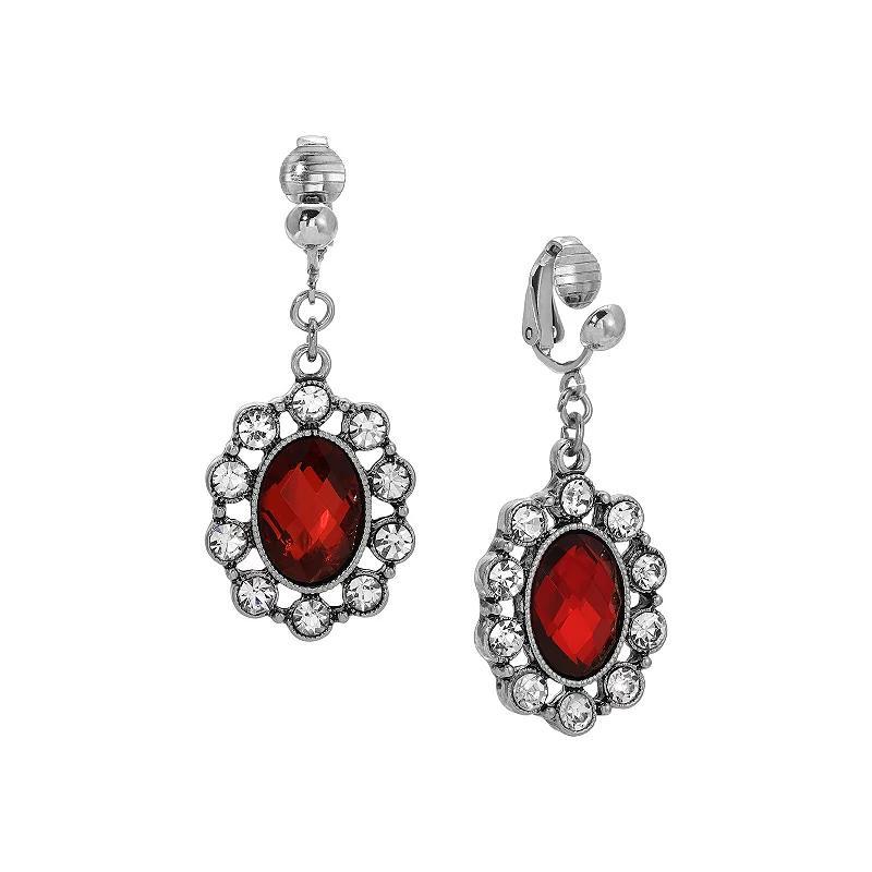 1928 Silver Tone Red Faceted Stone & Crystal Oval Drop Clip-On Earrings, Womens Product Image