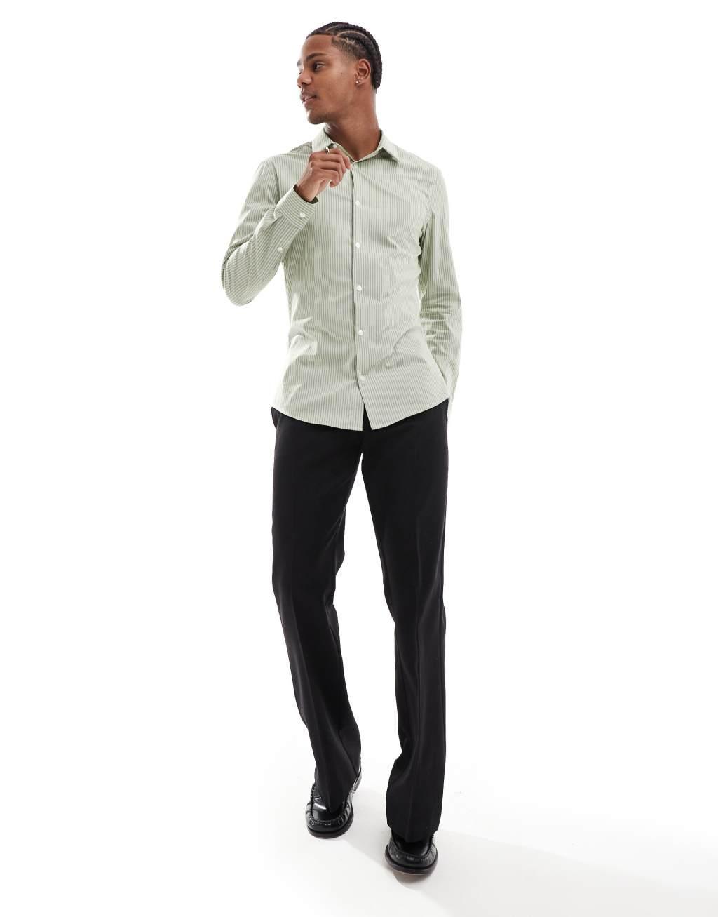 ASOS DESIGN skinny stripe shirt in khaki Product Image