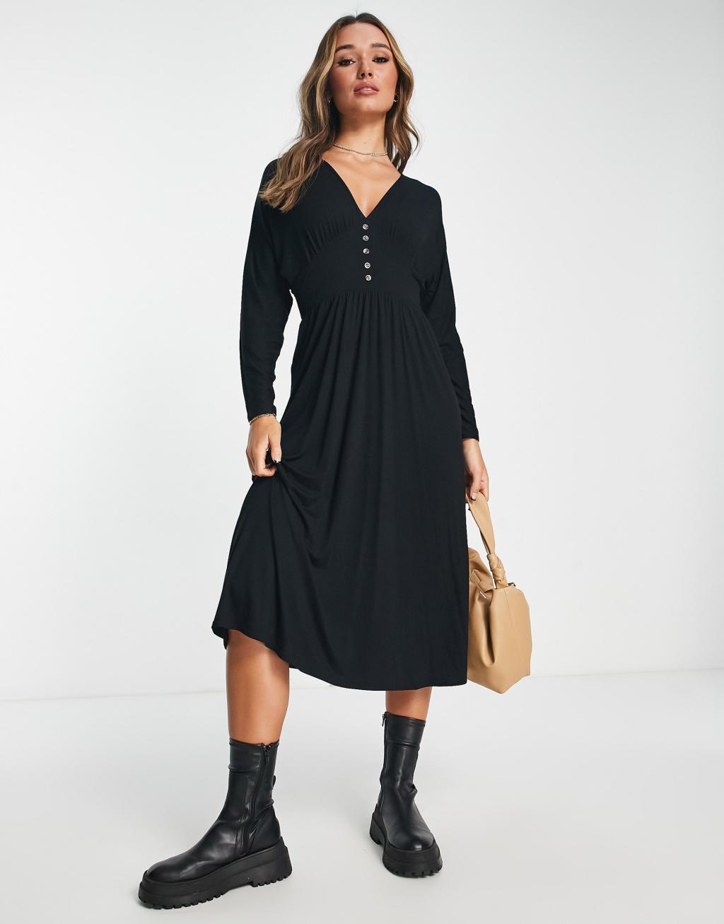 ASOS DESIGN waisted long sleeve midi tea dress with buttons in black Product Image