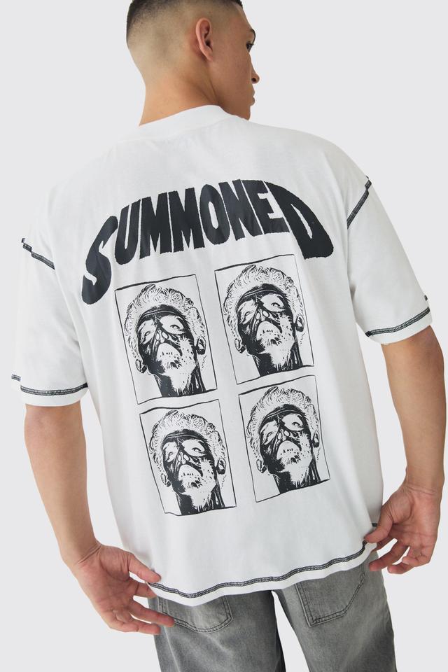 Oversized Extended Neck Contrast Stitch Summoned Print T-Shirt | boohooMAN USA Product Image