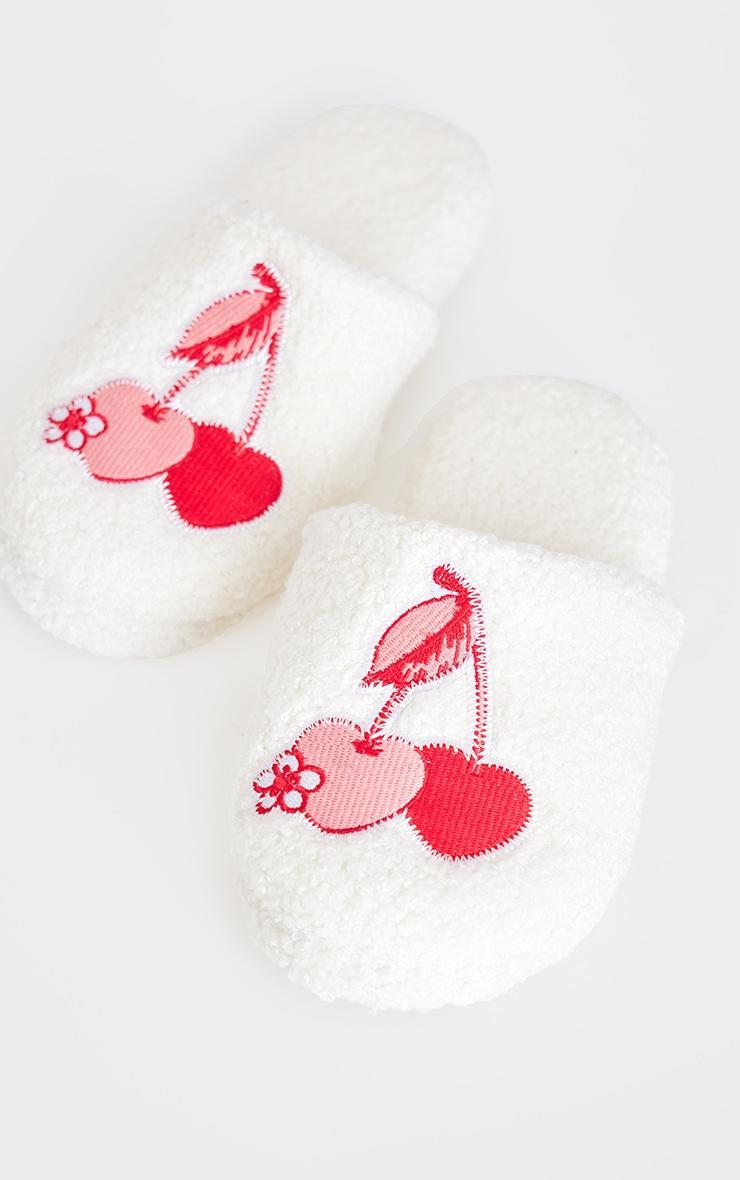 Cream Cherry Applique Borg Slippers Product Image