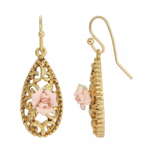 1928 Gold Tone Pink Porcelain Rose Drop Earrings, Womens Product Image