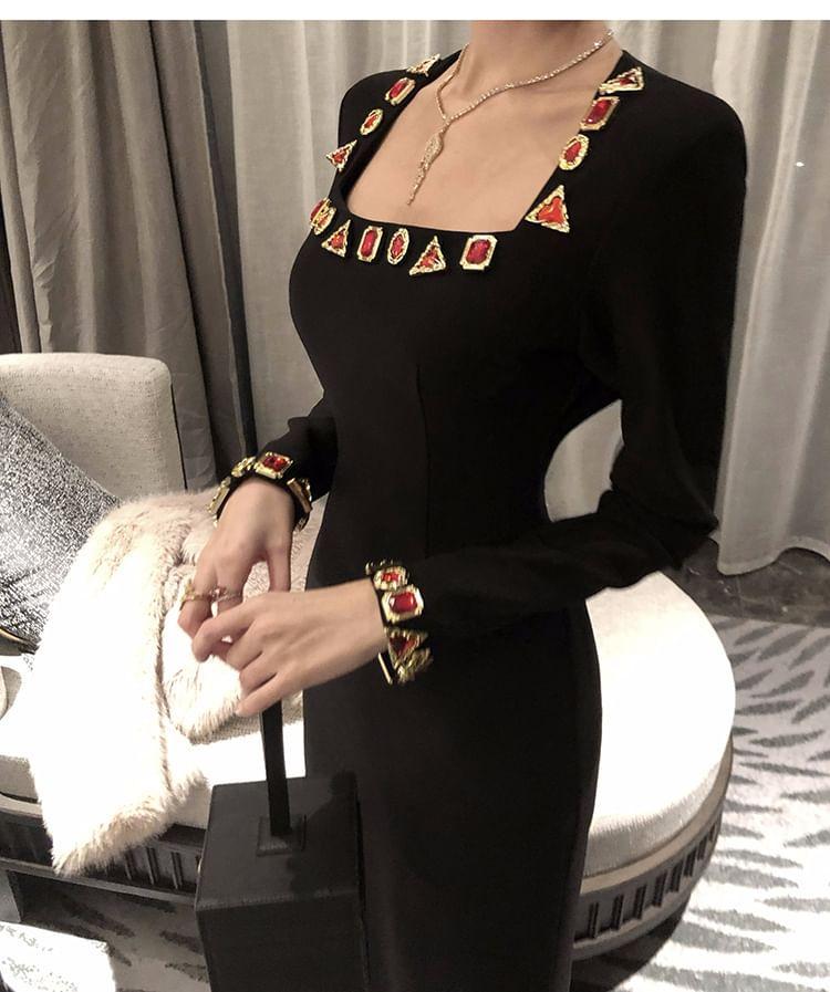 Long-Sleeve Square Neck Rhinestone Slit Midi Sheath Dress Product Image