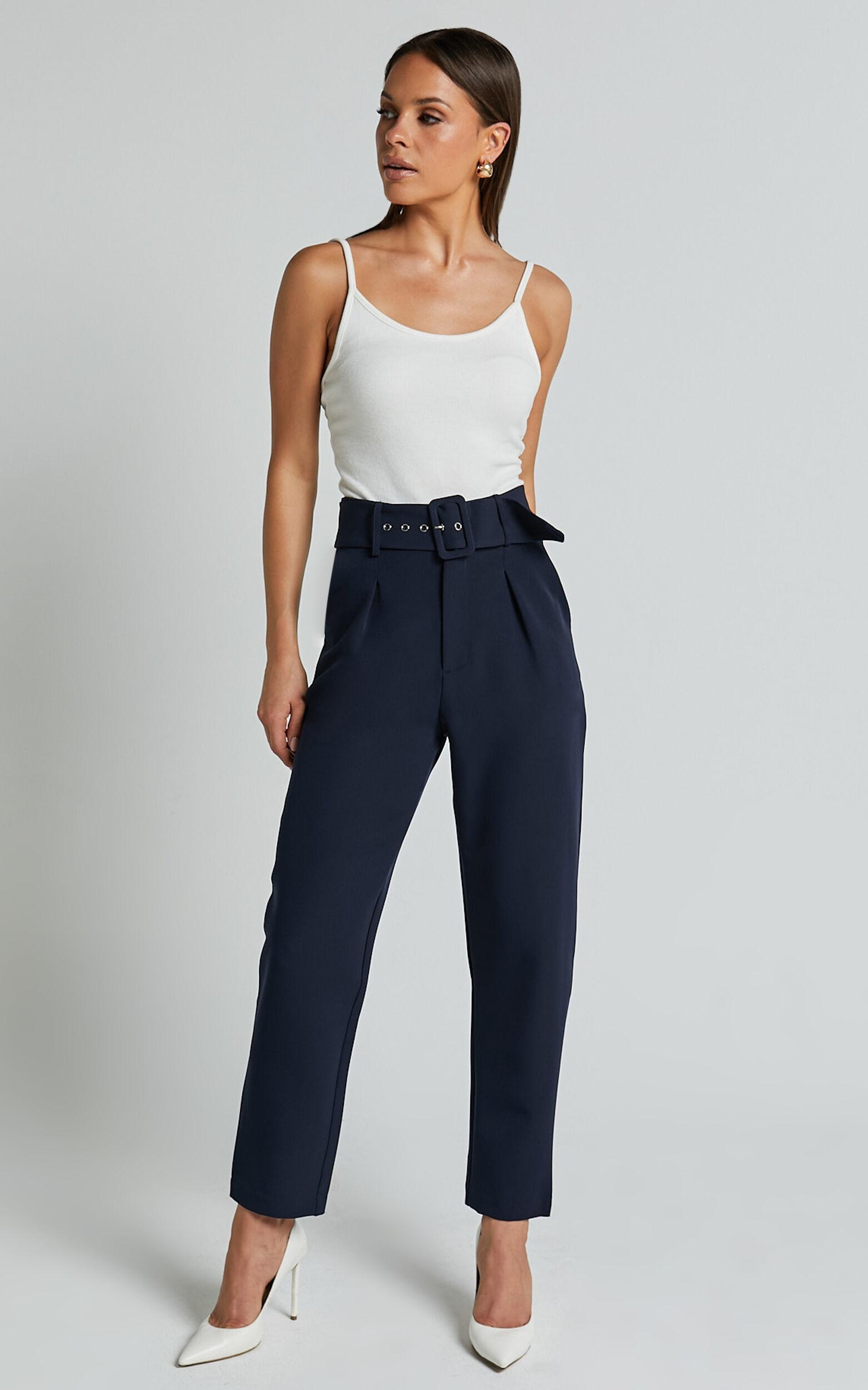 Milica Trousers - Belted High Waisted Trousers in Navy Product Image