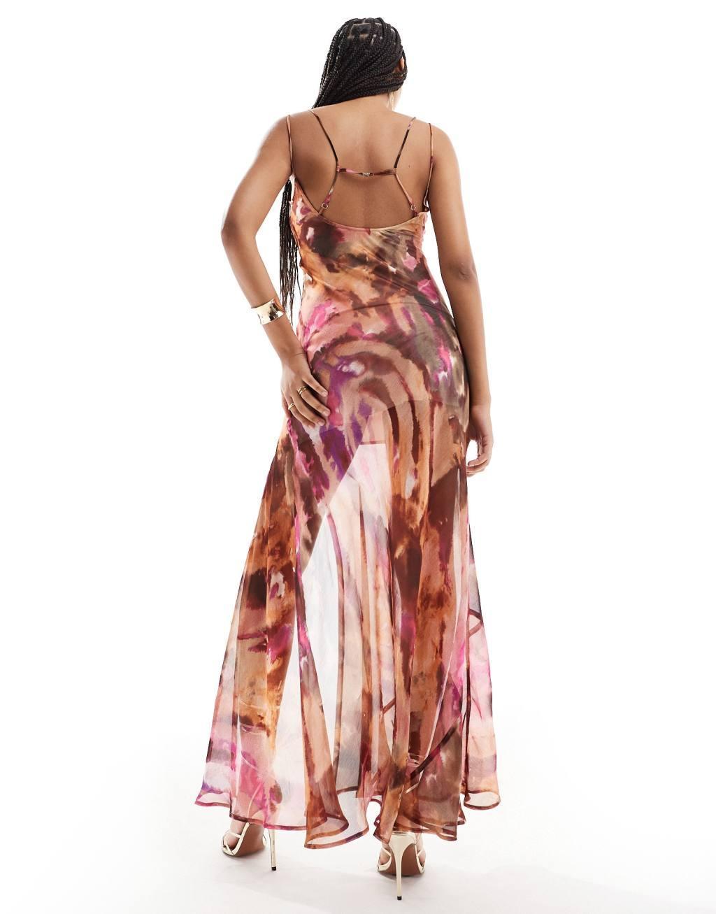 ASOS DESIGN double strap maxi dress with hook and eye slit in blurred print Product Image