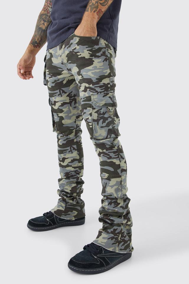 Mens Grey Skinny Stacked Flare Gusset Camo Cargo Trouser, Grey Product Image