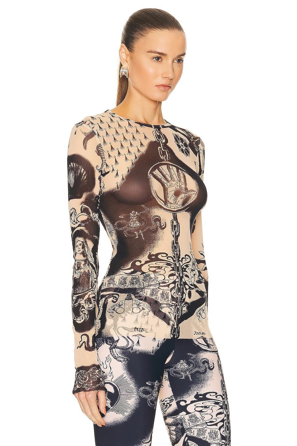 Jean Paul Gaultier Printed Heraldique Long Sleeve Crew Neck Top in Nude Product Image