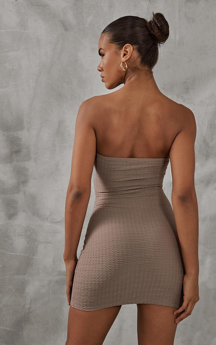 Mocha Textured Bandeau Stirrup Hem Bodycon Dress Product Image