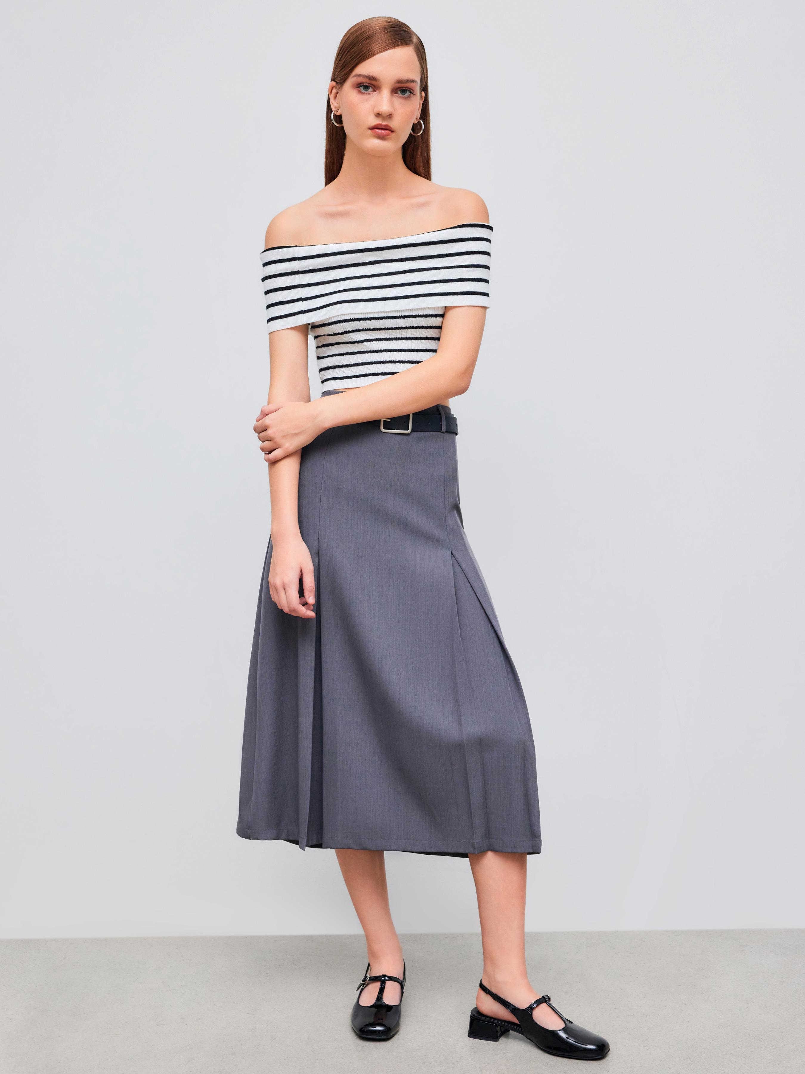 Knitted Off-shoulder Striped Crop Top Product Image