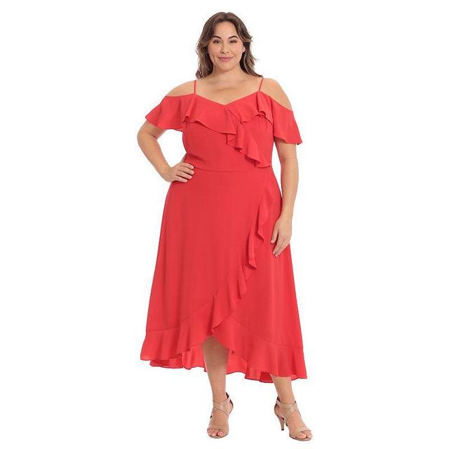 Plus Size London Times Cold Shoulder Ruffle Faux Wrap Dress, Womens Med Red Product Image