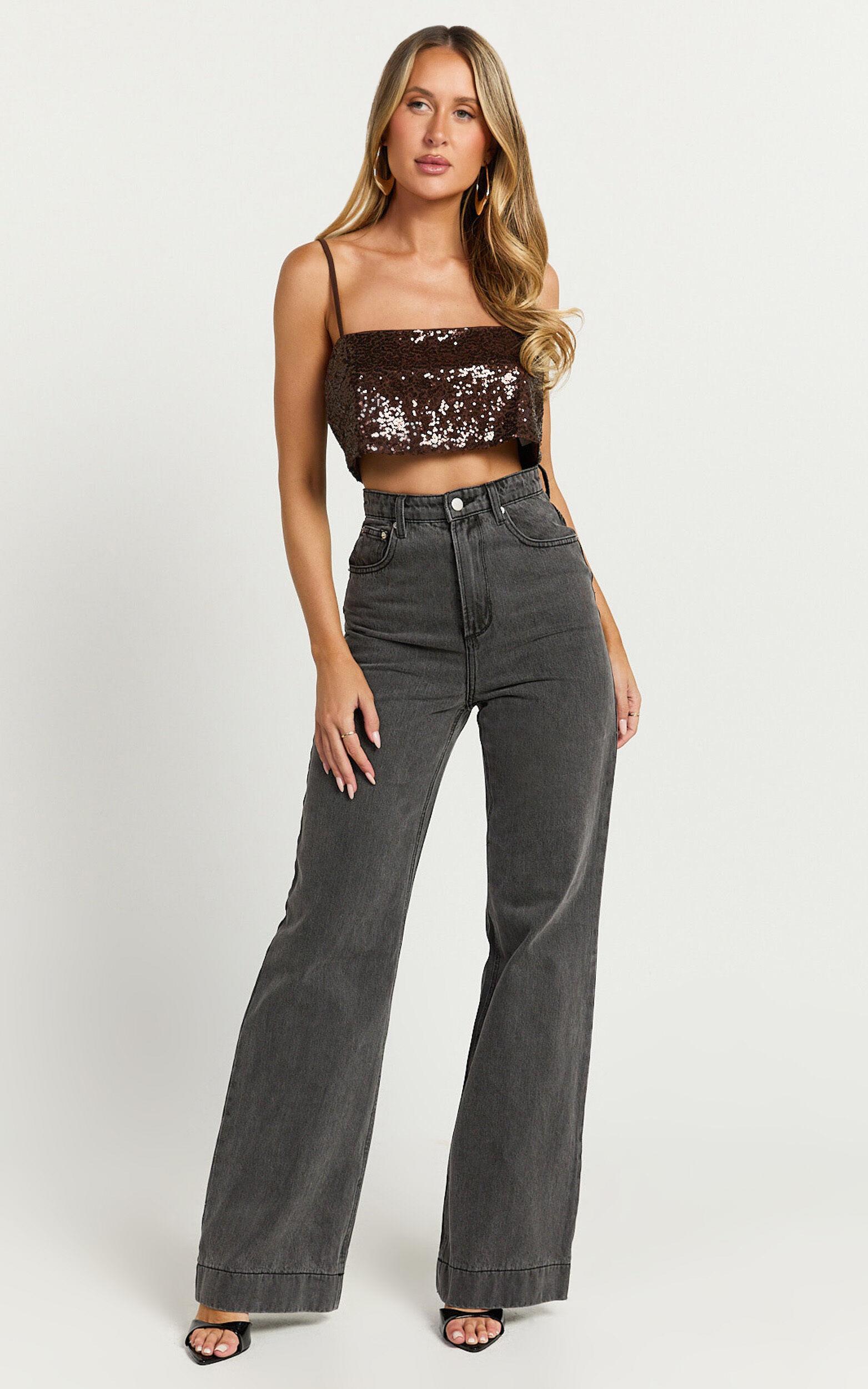 Elswyth Top - Strappy Sequin Crop Cami Top in Chocolate Product Image