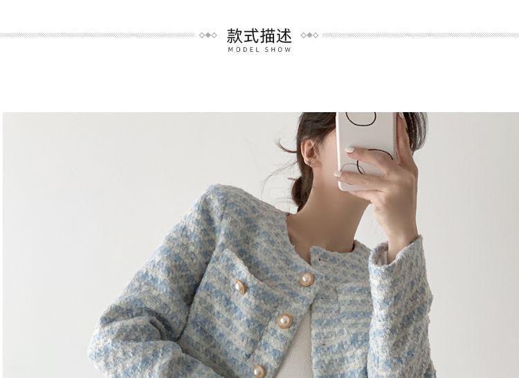 Round Neck Tweed Faux Pearl Button Jacket Product Image