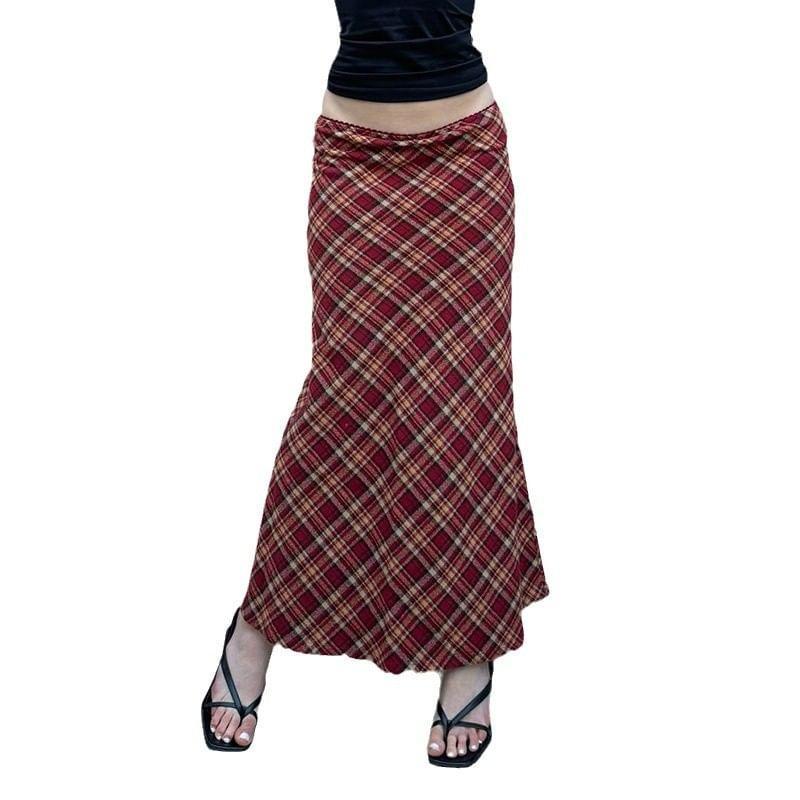 High Waist Plaid Maxi A-Line Skirt Product Image